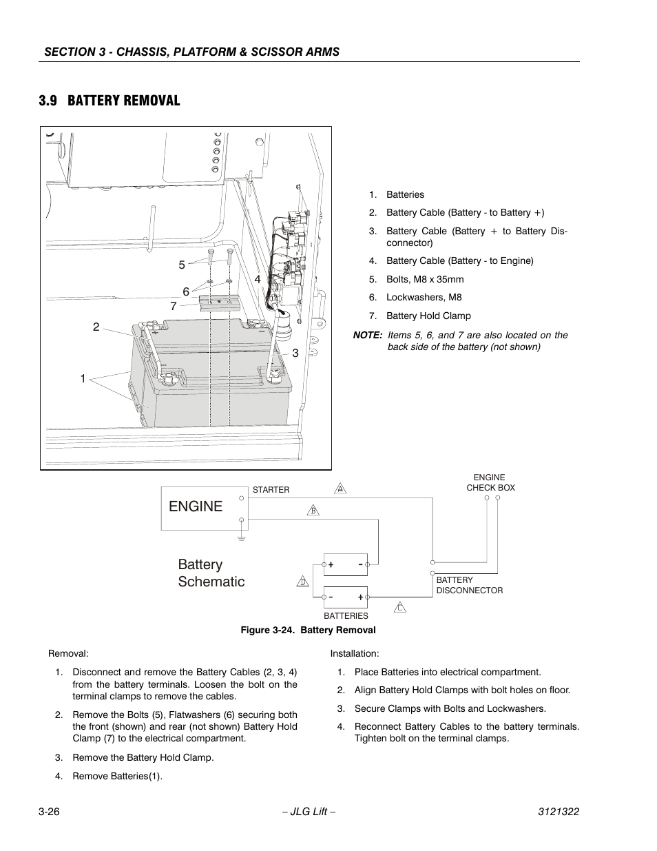 9 battery removal, Battery removal -26, Engine | Battery schematic | JLG 67SL Service Manual User Manual | Page 58 / 152
