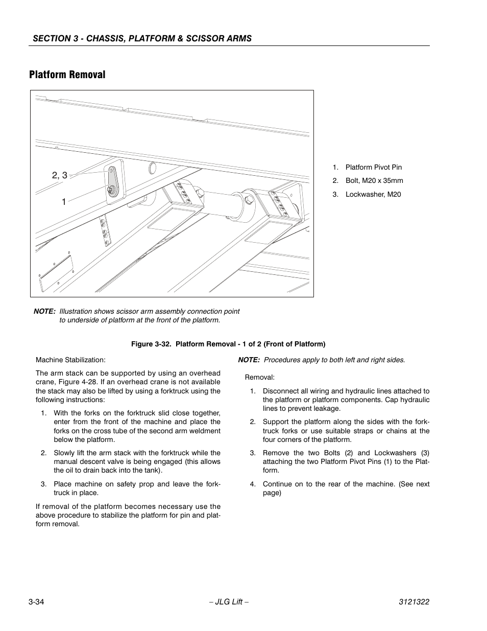 Platform removal, Platform removal -34, Platform removal - 1 of 2 (front of platform) -34 | JLG 67SL Service Manual User Manual | Page 66 / 152