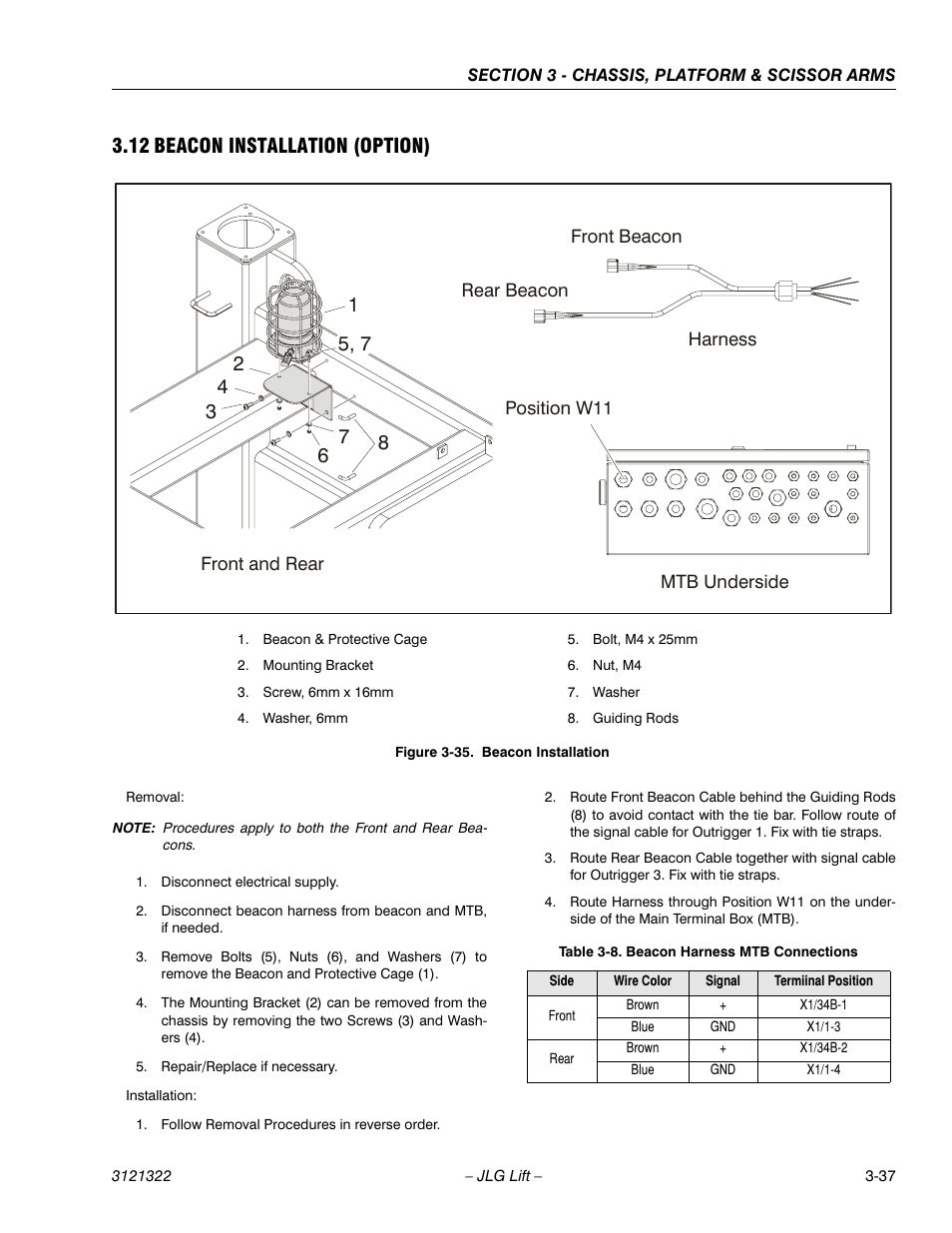 12 beacon installation (option), Beacon installation (option) -37, Beacon installation -37 | Beacon harness mtb connections -37 | JLG 67SL Service Manual User Manual | Page 69 / 152
