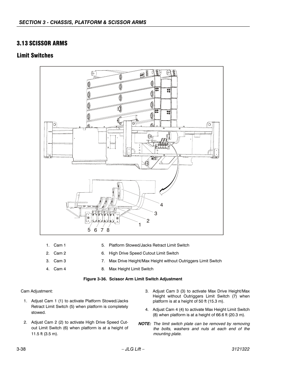 13 scissor arms, Limit switches, Scissor arms -38 | Limit switches -38, Scissor arm limit switch adjustment -38, 13 scissor arms limit switches | JLG 67SL Service Manual User Manual | Page 70 / 152