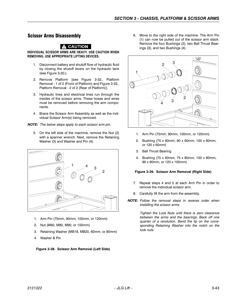 Scissor arms disassembly, Scissor arms disassembly -43, Scissor arm removal (left side) -43 | Scissor arm removal (right side) -43 | JLG 67SL Service Manual User Manual | Page 75 / 152