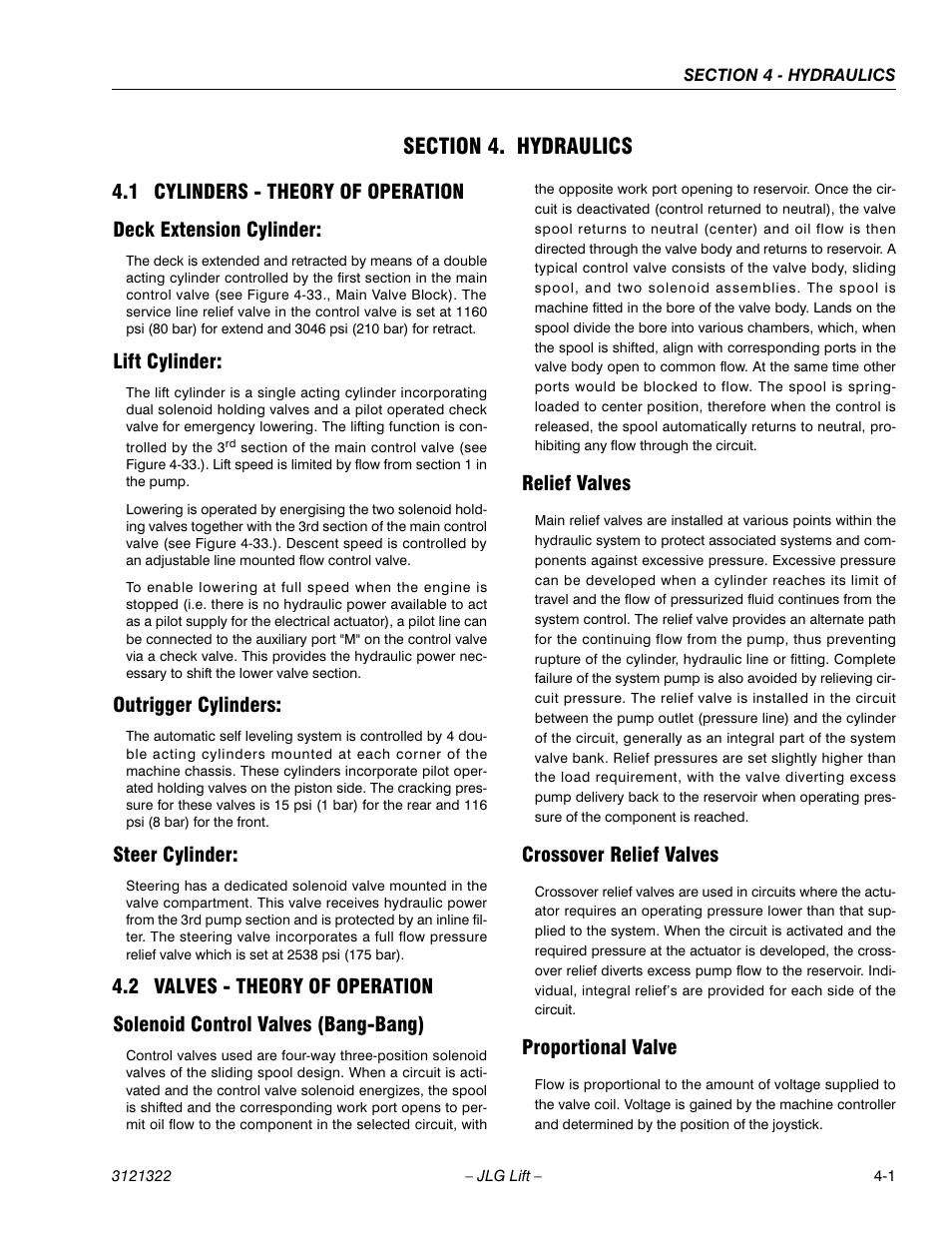 Section 4. hydraulics, 1 cylinders - theory of operation, Deck extension cylinder | Lift cylinder, Outrigger cylinders, Steer cylinder, 2 valves - theory of operation, Solenoid control valves (bang-bang), Relief valves, Crossover relief valves | JLG 67SL Service Manual User Manual | Page 77 / 152