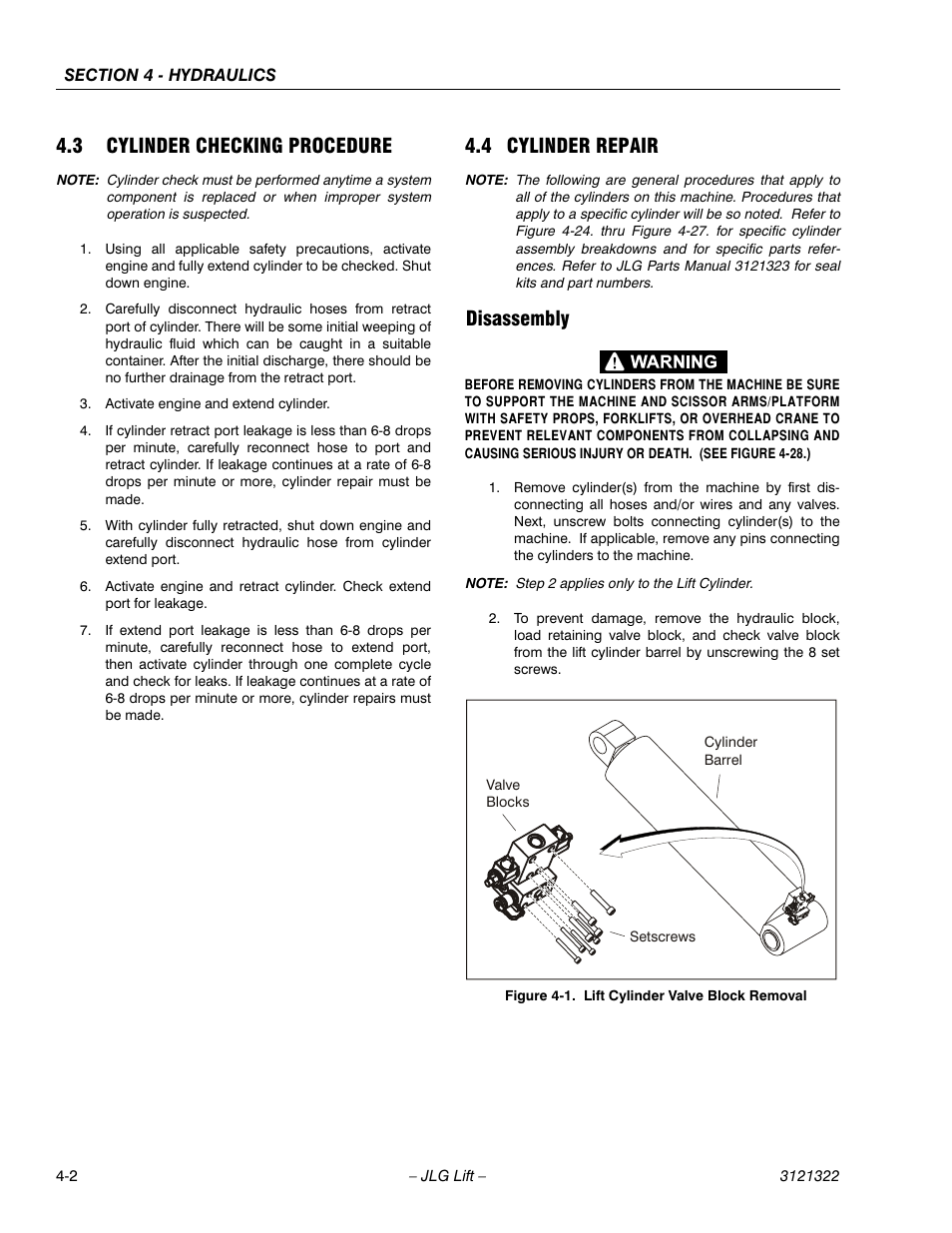 3 cylinder checking procedure, 4 cylinder repair, Disassembly | Cylinder checking procedure -2, Cylinder repair -2, Disassembly -2, Lift cylinder valve block removal -2 | JLG 67SL Service Manual User Manual | Page 78 / 152