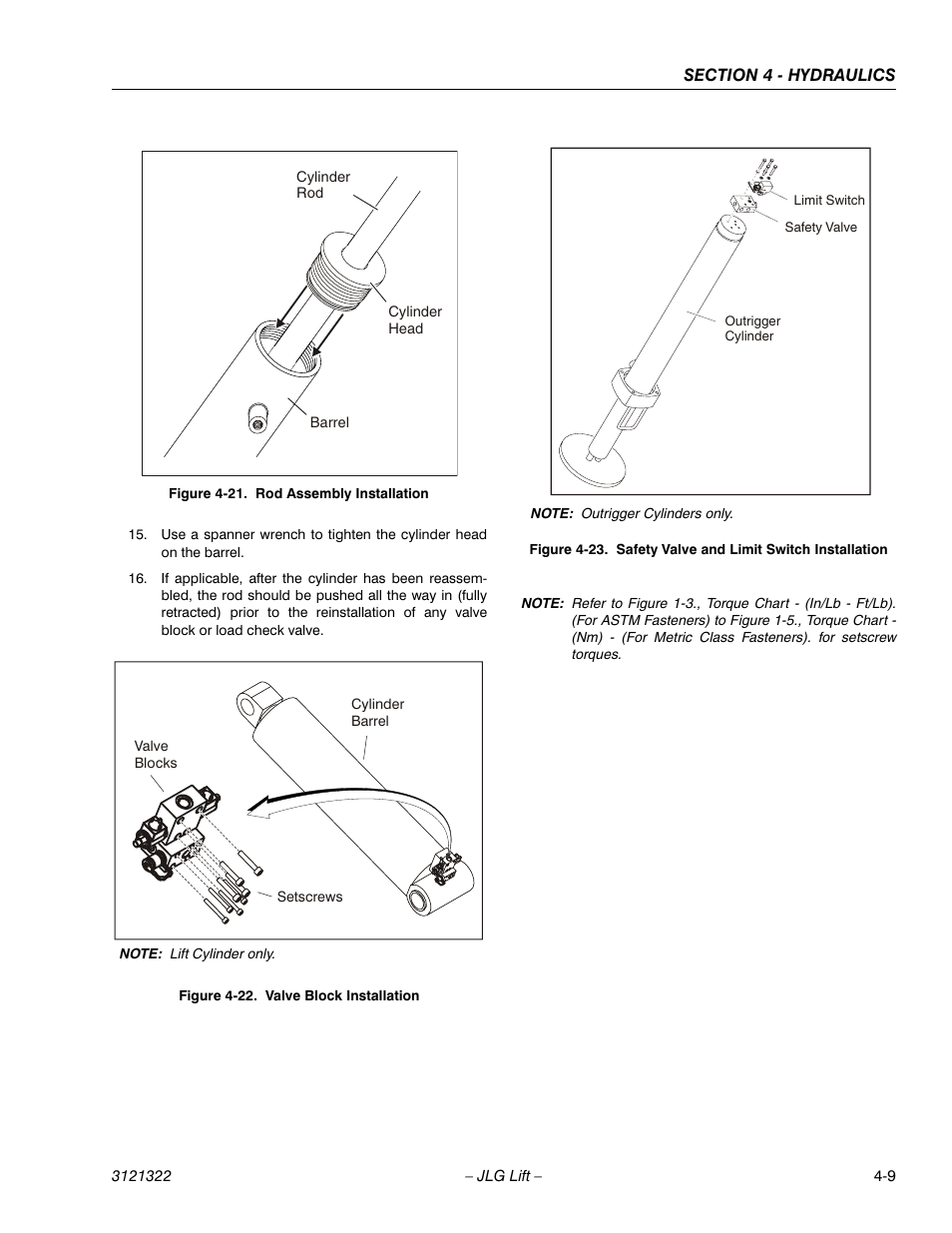 Rod assembly installation -9, Valve block installation -9, Safety valve and limit switch installation -9 | JLG 67SL Service Manual User Manual | Page 85 / 152