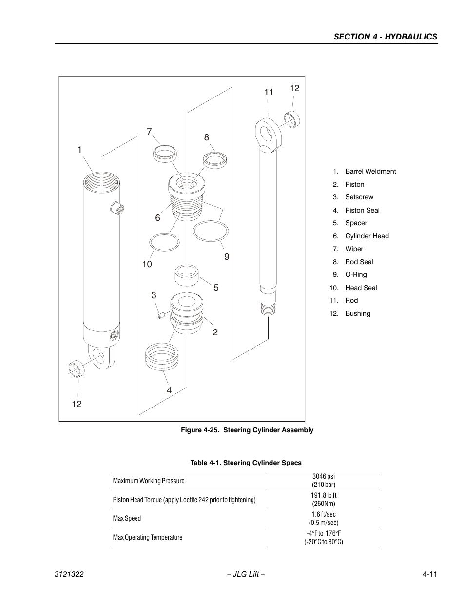 Steering cylinder assembly -11, Steering cylinder specs -11 | JLG 67SL Service Manual User Manual | Page 87 / 152