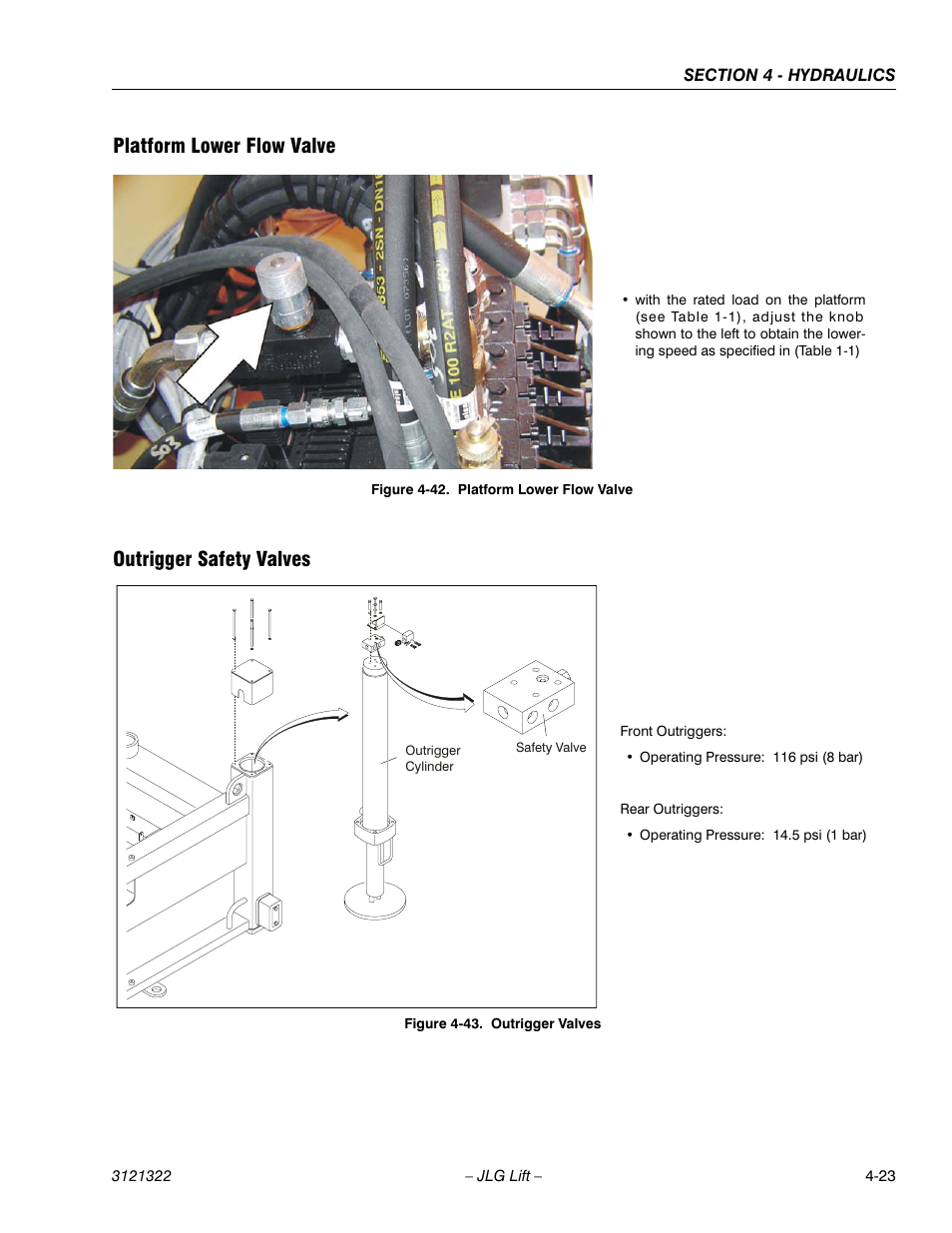 Platform lower flow valve, Outrigger safety valves, Platform lower flow valve -23 | Outrigger valves -23, Platform lower flow valve outrigger safety valves | JLG 67SL Service Manual User Manual | Page 99 / 152