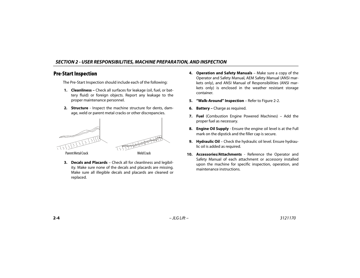 Pre-start inspection, Pre-start inspection -4 | JLG 1250AJP Operator Manual User Manual | Page 32 / 132