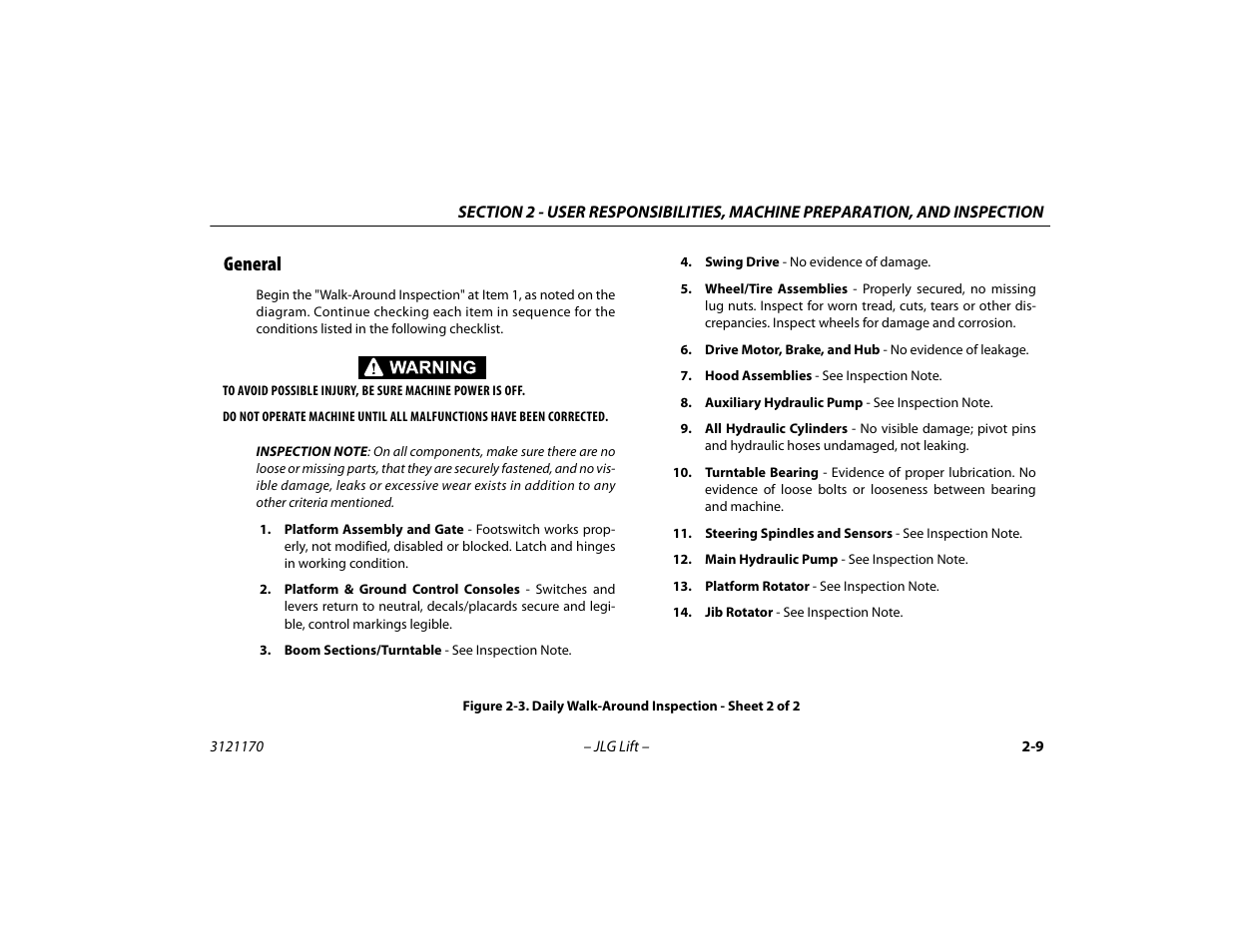 General -9, Daily walk-around inspection - sheet 2 of 2 -9, General | JLG 1250AJP Operator Manual User Manual | Page 37 / 132