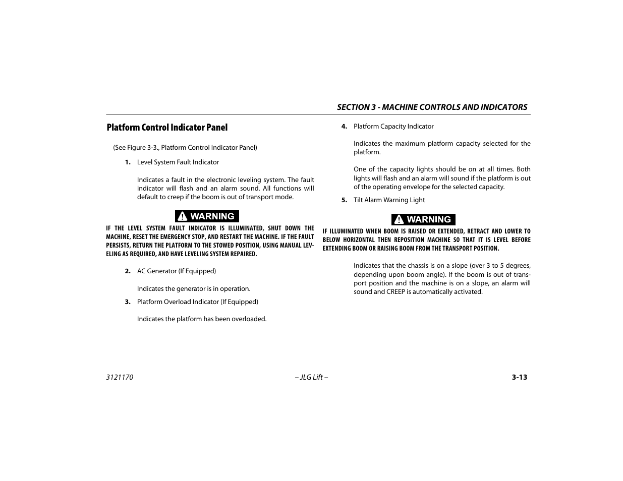 Platform control indicator panel, Platform control indicator panel -13 | JLG 1250AJP Operator Manual User Manual | Page 51 / 132