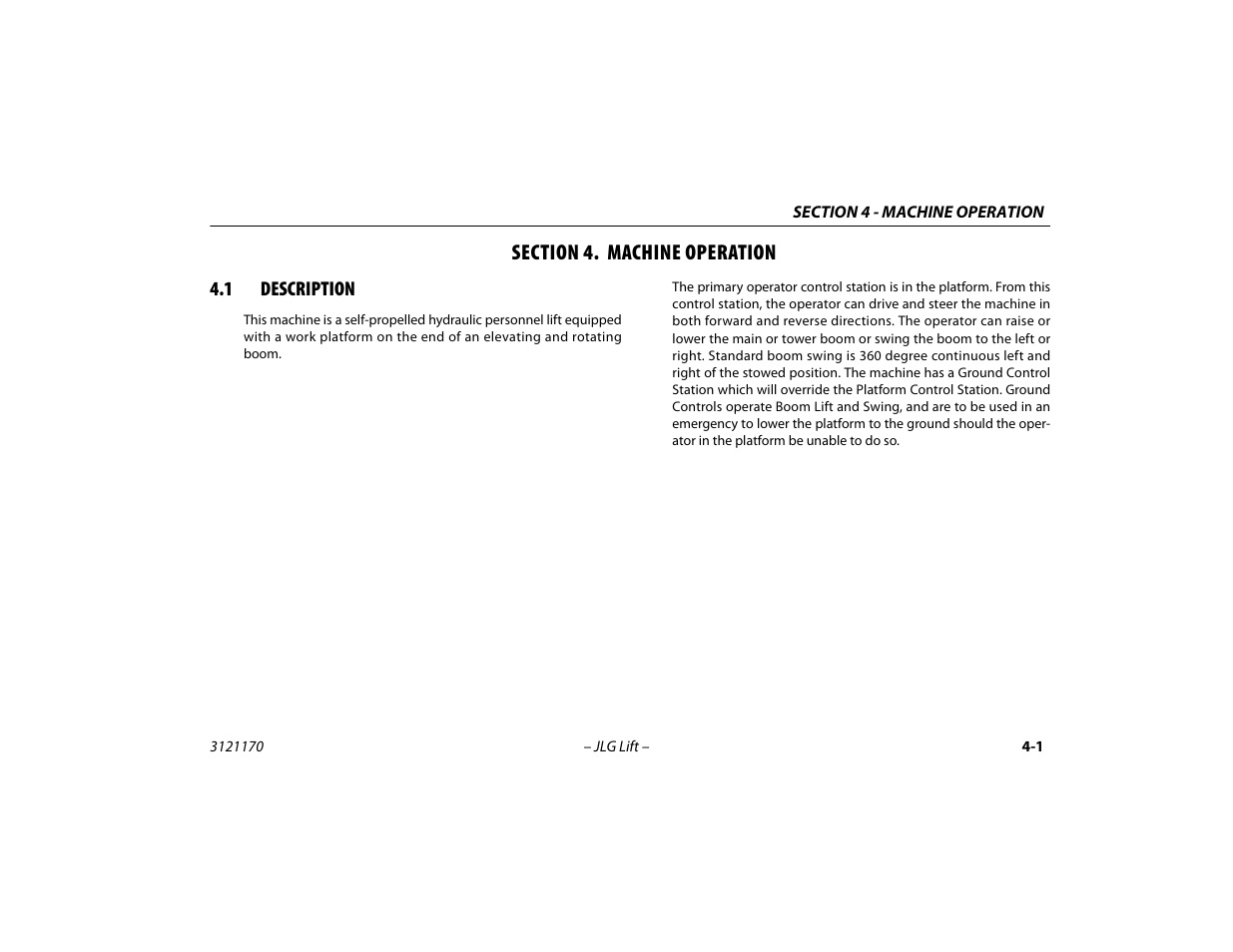 Section 4. machine operation, 1 description, Section - 4 - machine operation | Description -1 | JLG 1250AJP Operator Manual User Manual | Page 55 / 132