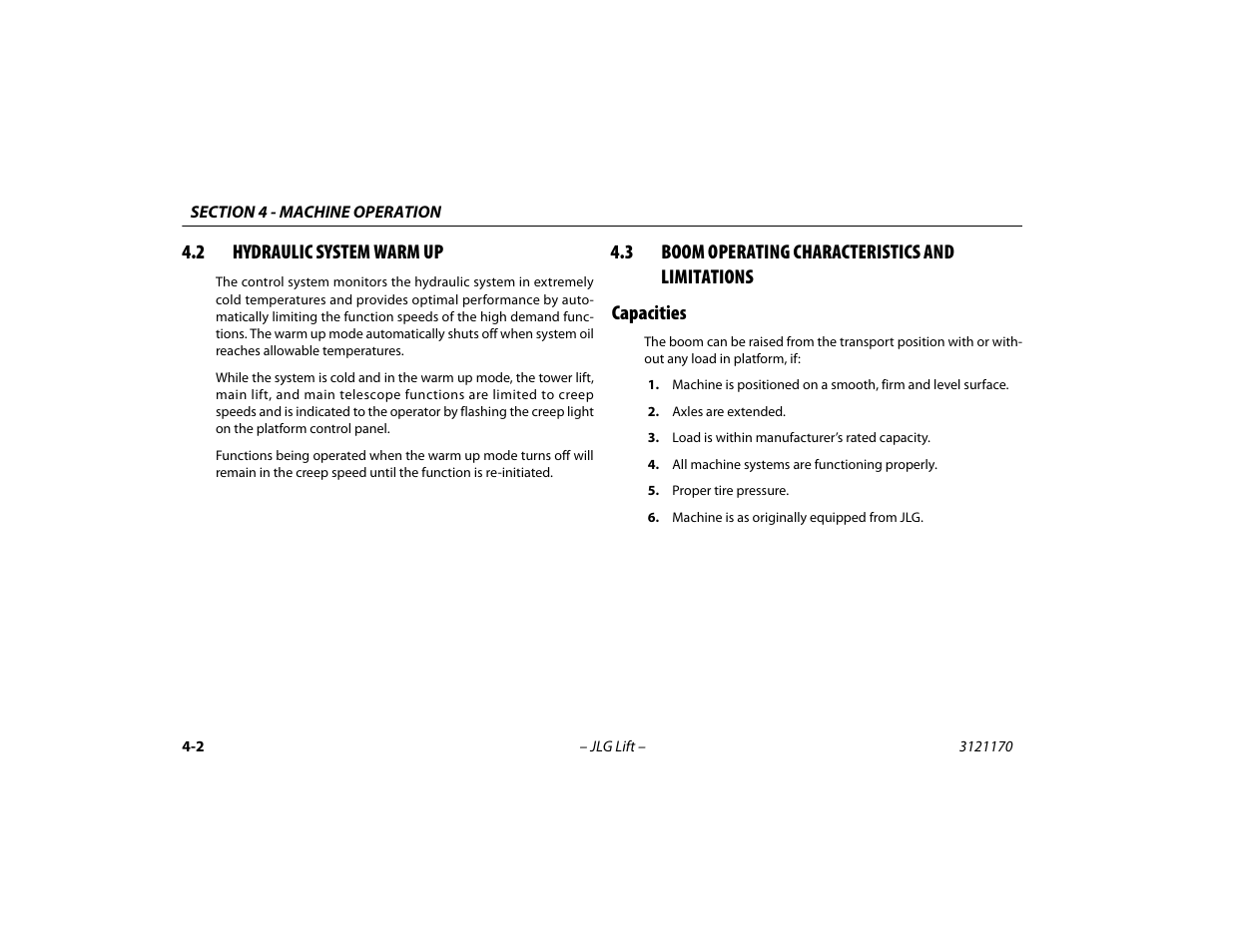 2 hydraulic system warm up, 3 boom operating characteristics and limitations, Capacities | Hydraulic system warm up -2, Boom operating characteristics and, Limitations -2, Capacities -2 | JLG 1250AJP Operator Manual User Manual | Page 56 / 132