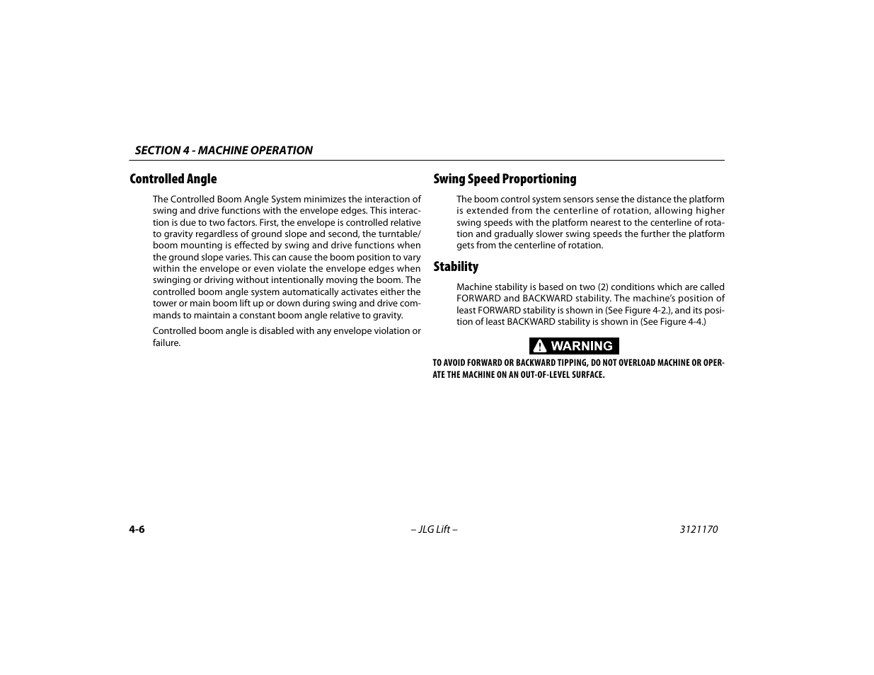 Controlled angle, Swing speed proportioning, Stability | JLG 1250AJP Operator Manual User Manual | Page 60 / 132