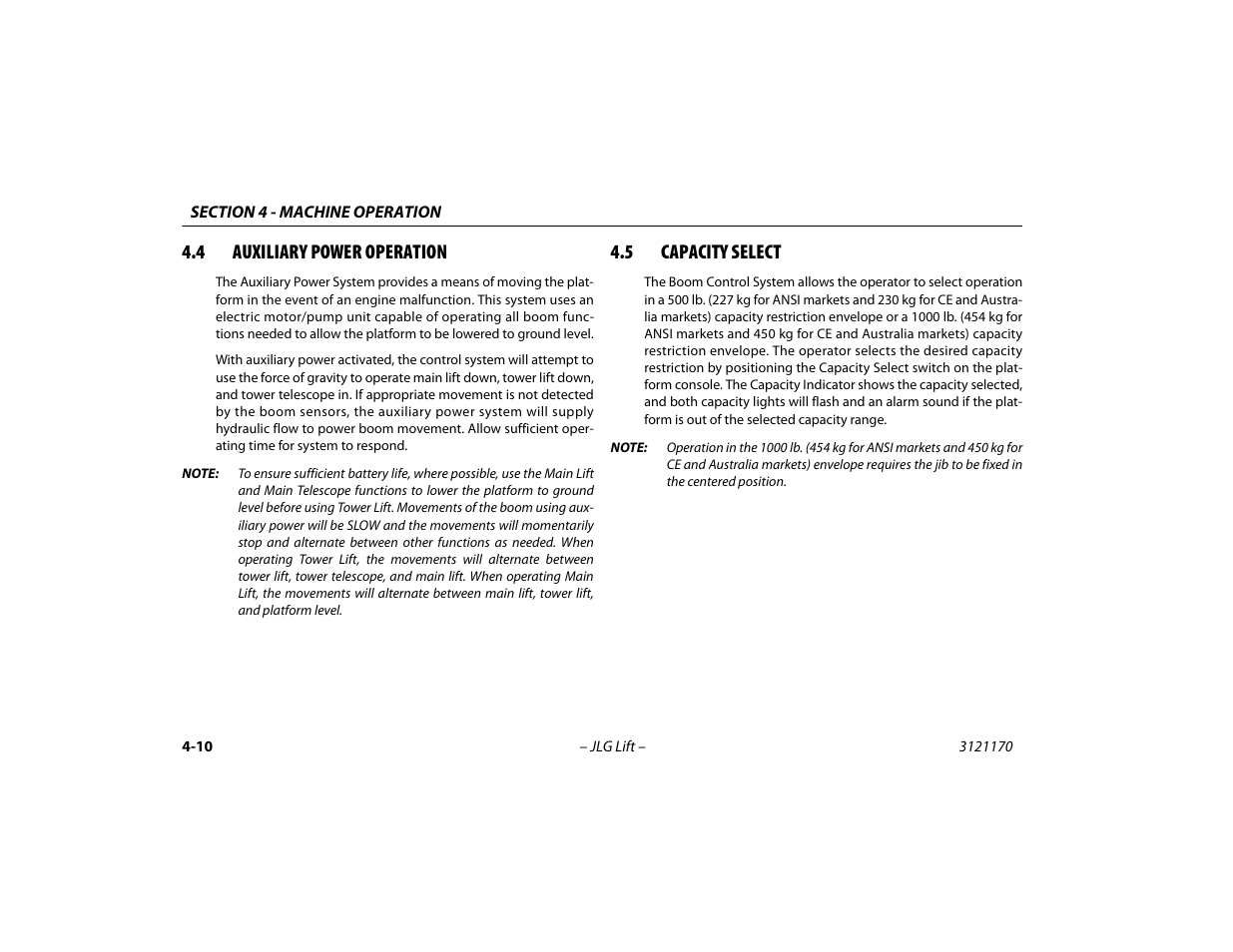 4 auxiliary power operation, 5 capacity select, Auxiliary power operation -10 | Capacity select -10 | JLG 1250AJP Operator Manual User Manual | Page 64 / 132