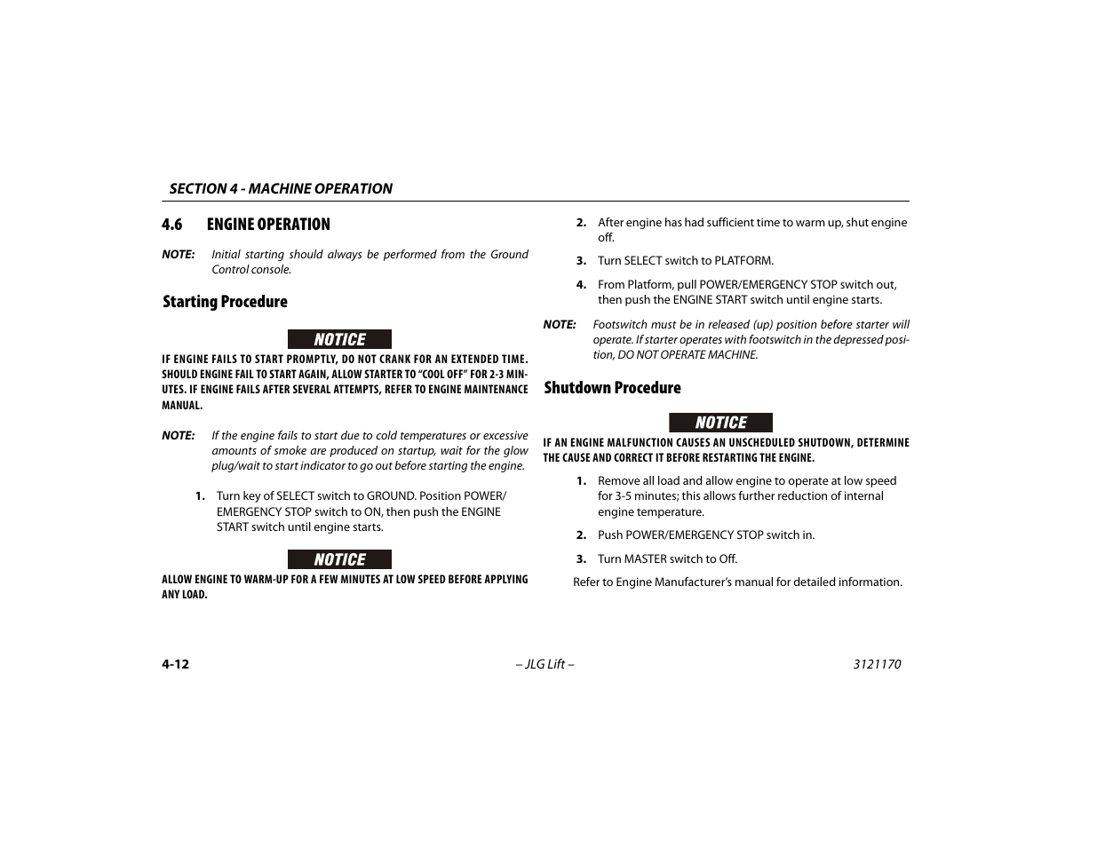 6 engine operation, Starting procedure, Shutdown procedure | Engine operation -12, Starting procedure -12 shutdown procedure -12 | JLG 1250AJP Operator Manual User Manual | Page 66 / 132