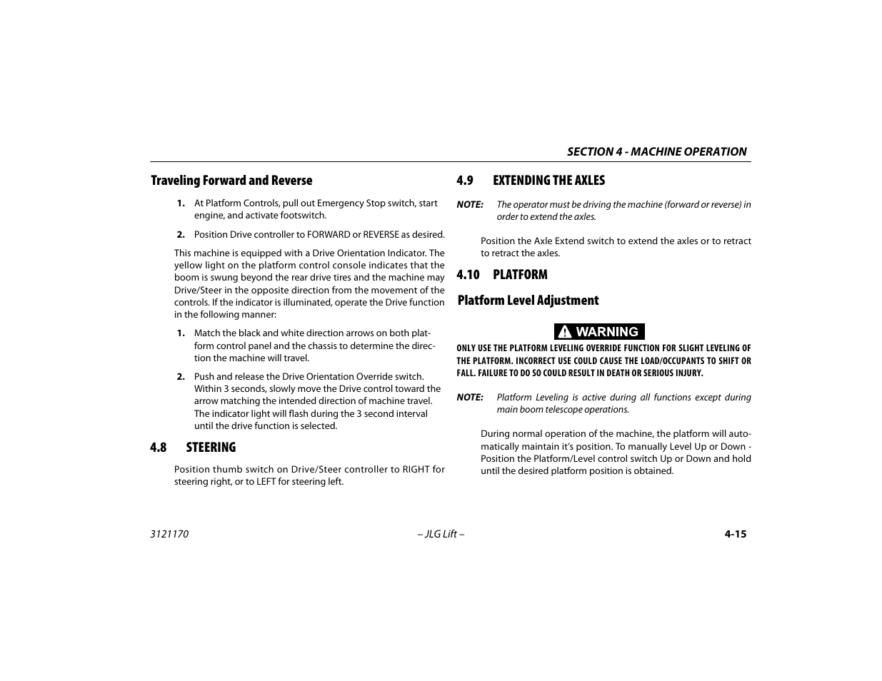Traveling forward and reverse, 8 steering, 9 extending the axles | 10 platform, Platform level adjustment, Traveling forward and reverse -15, Steering -15, Extending the axles -15, 10 platform -15, Platform level adjustment -15 | JLG 1250AJP Operator Manual User Manual | Page 69 / 132