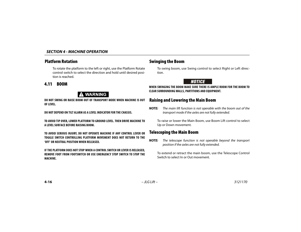 Platform rotation, 11 boom, Swinging the boom | Raising and lowering the main boom, Telescoping the main boom, Platform rotation -16, 11 boom -16 | JLG 1250AJP Operator Manual User Manual | Page 70 / 132