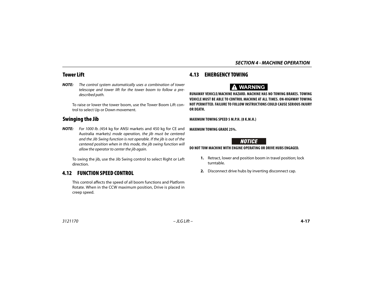Tower lift, Swinging the jib, 12 function speed control | 13 emergency towing, Tower lift -17 swinging the jib -17 | JLG 1250AJP Operator Manual User Manual | Page 71 / 132