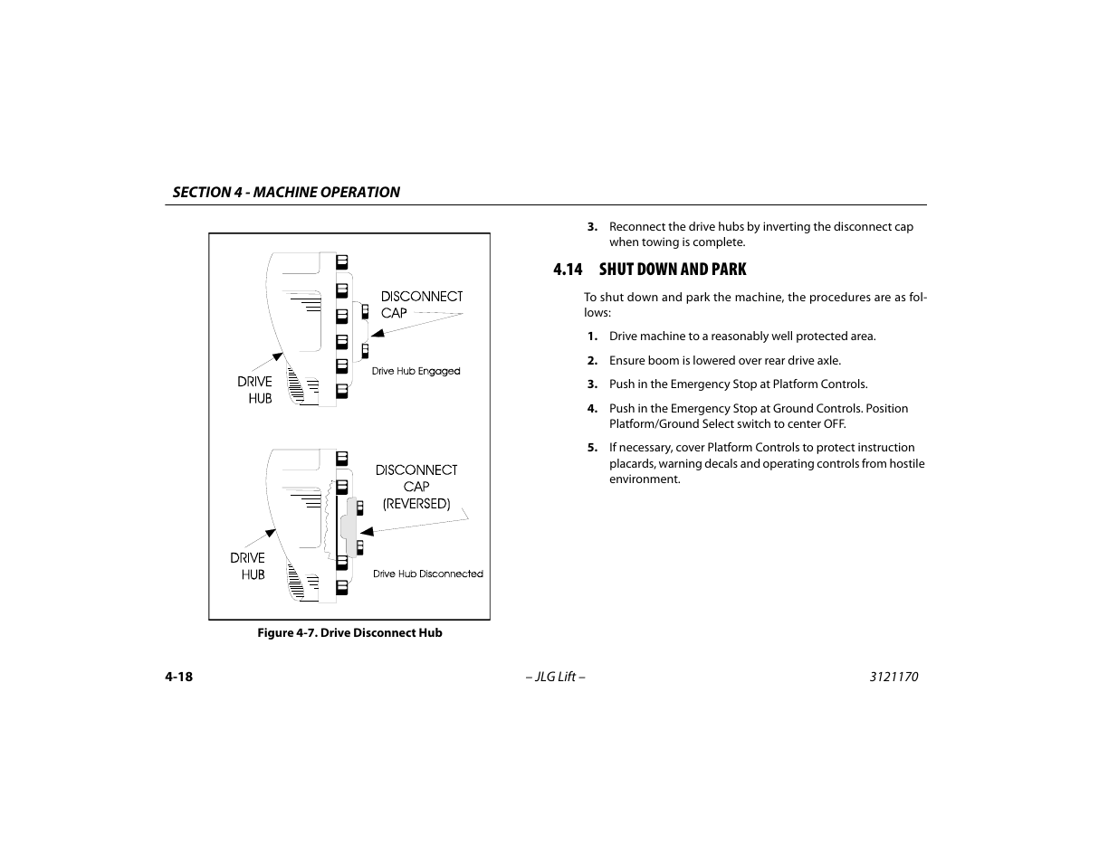 14 shut down and park, 14 shut down and park -18, Drive disconnect hub -18 | JLG 1250AJP Operator Manual User Manual | Page 72 / 132