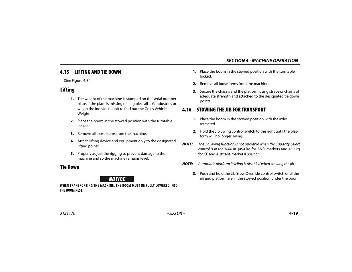 15 lifting and tie down, Lifting, Tie down | 16 stowing the jib for transport, 15 lifting and tie down -19, Lifting -19 tie down -19, 16 stowing the jib for transport -19 | JLG 1250AJP Operator Manual User Manual | Page 73 / 132
