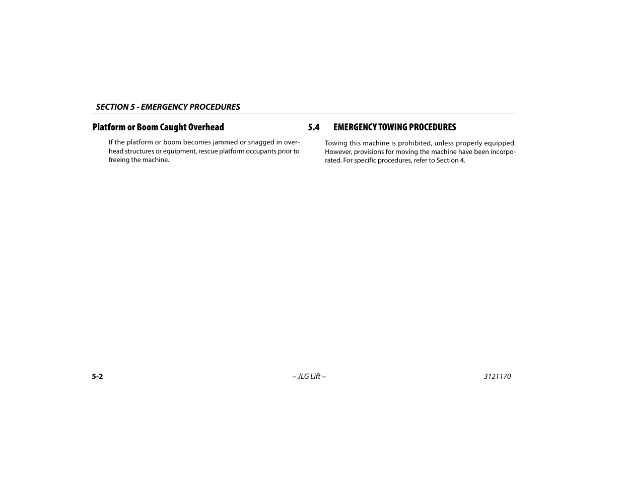Platform or boom caught overhead, 4 emergency towing procedures, Platform or boom caught overhead -2 | Emergency towing procedures -2 | JLG 1250AJP Operator Manual User Manual | Page 90 / 132