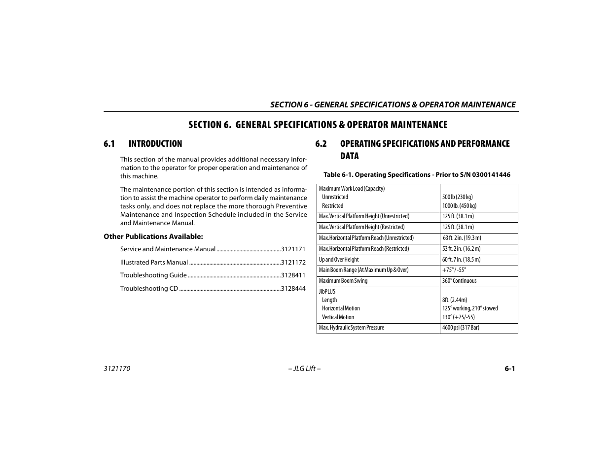 1 introduction, 2 operating specifications and performance data, Section - 6 - general specifications & operator | Maintenance, Introduction -1, Operating specifications and performance, Data -1 | JLG 1250AJP Operator Manual User Manual | Page 91 / 132