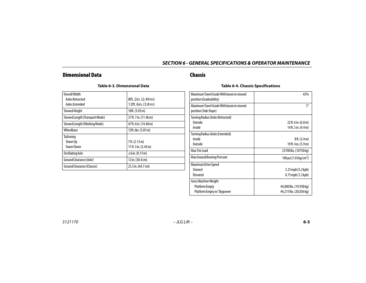Dimensional data, Chassis, Dimensional data -3 chassis -3 | Dimensional data -3, Chassis specifications -3, Dimensional data chassis | JLG 1250AJP Operator Manual User Manual | Page 93 / 132