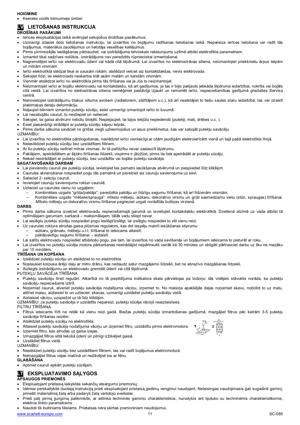 Lv lieto anas instrukcija, Lt ekspluatavimo s lygos | Scarlett SC-085 User Manual | Page 11 / 16