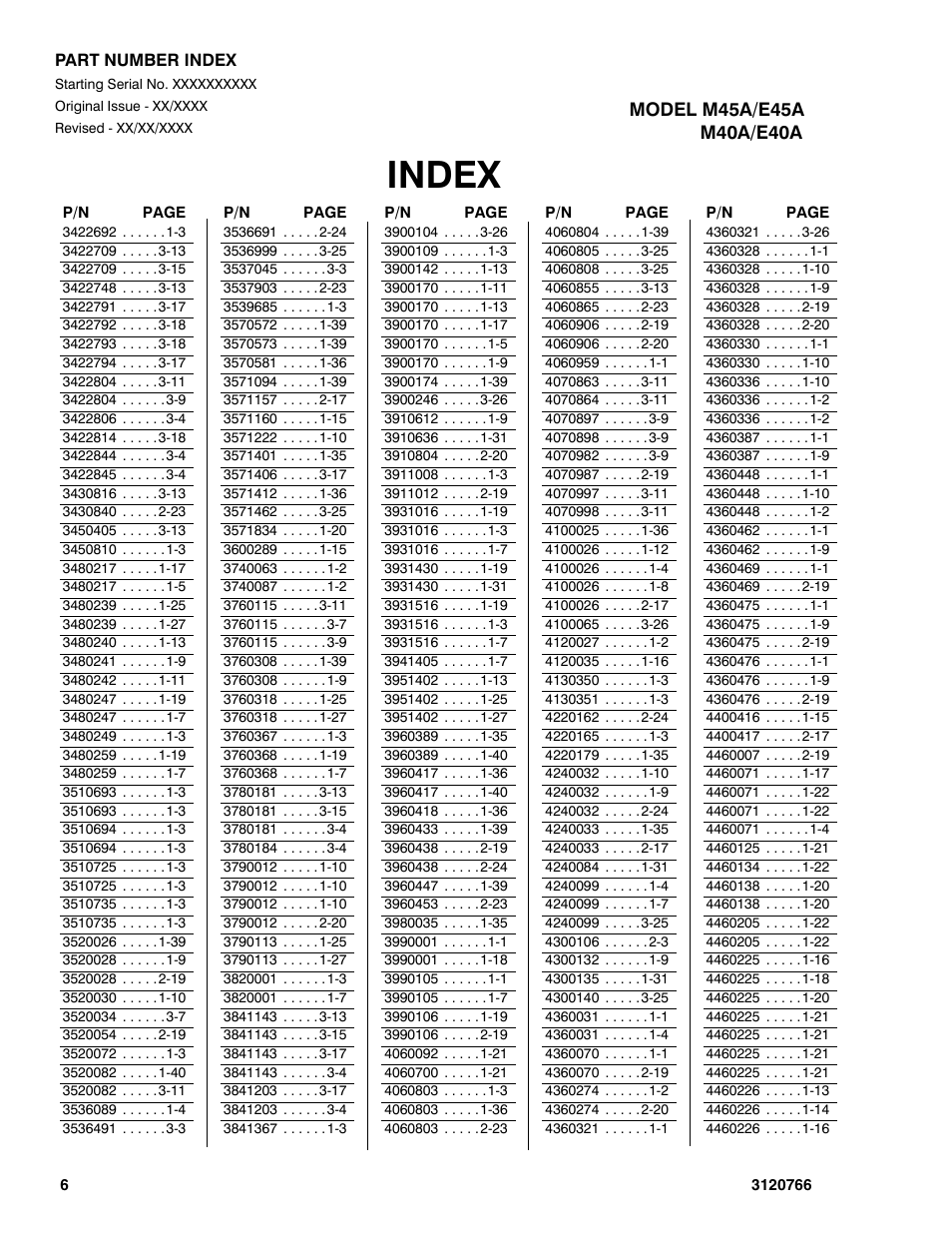 Index | JLG E45A_AJ ANSI Parts Manual User Manual | Page 200 / 206