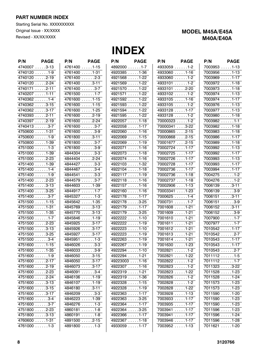 Index | JLG E45A_AJ ANSI Parts Manual User Manual | Page 202 / 206
