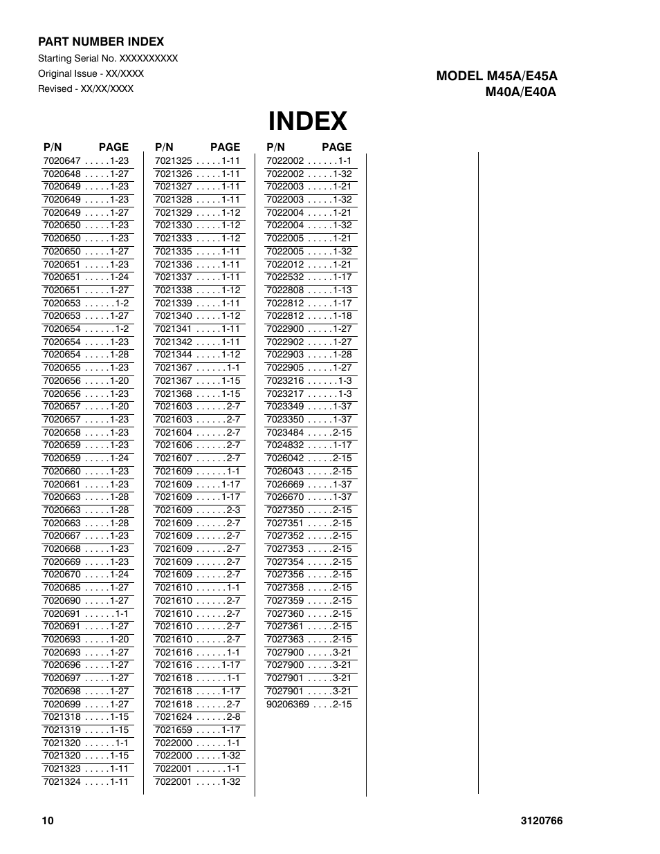 Index | JLG E45A_AJ ANSI Parts Manual User Manual | Page 204 / 206
