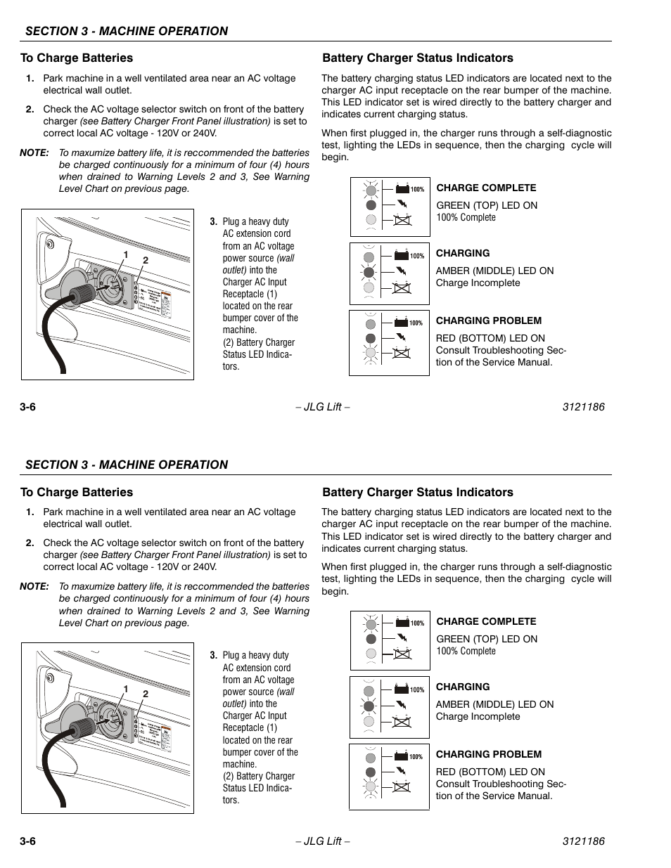 Battery charger status indicators | JLG SSV10 Operator Manual User Manual | Page 34 / 94