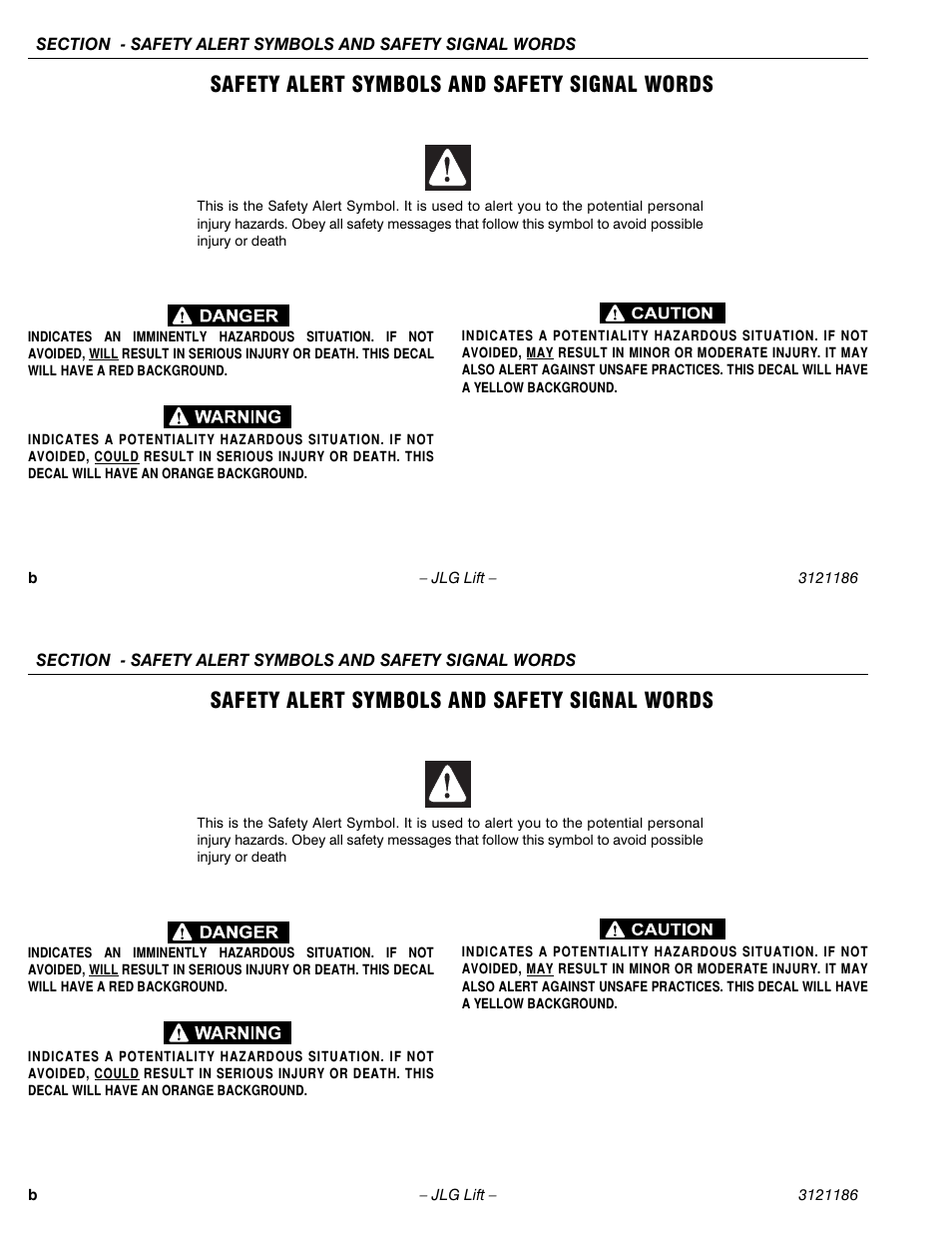 Safety alert symbols and safety signal words | JLG SSV10 Operator Manual User Manual | Page 4 / 94