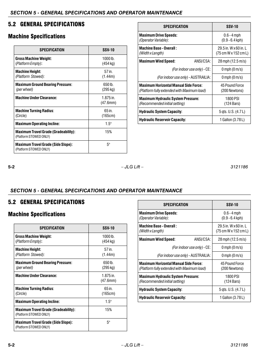 2 general specifications machine specifications | JLG SSV10 Operator Manual User Manual | Page 82 / 94