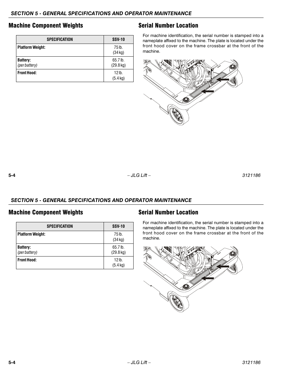 Machine component weights serial number location | JLG SSV10 Operator Manual User Manual | Page 84 / 94