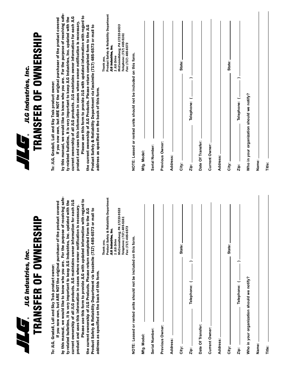 Transfer of ownership, Jl g industries, inc | JLG SSV10 Operator Manual User Manual | Page 91 / 94