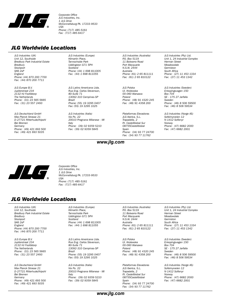 Jlg worldwide locations | JLG SSV10 Operator Manual User Manual | Page 94 / 94