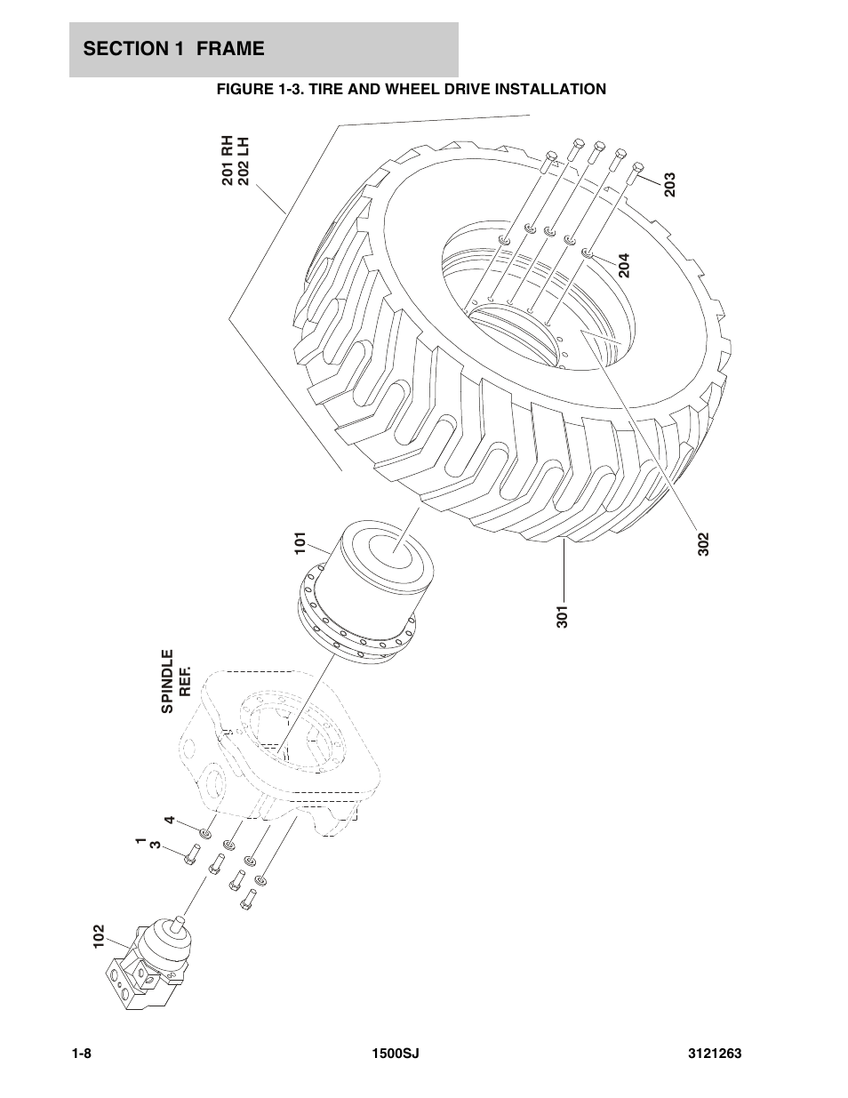 Figure 1-3. tire and wheel drive installation | JLG 1500SJ Parts Manual User Manual | Page 14 / 332