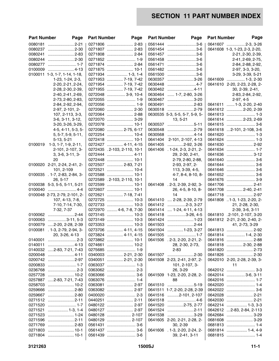 Section 11 part number index, 11 - part number index -1 | JLG 1500SJ Parts Manual User Manual | Page 315 / 332