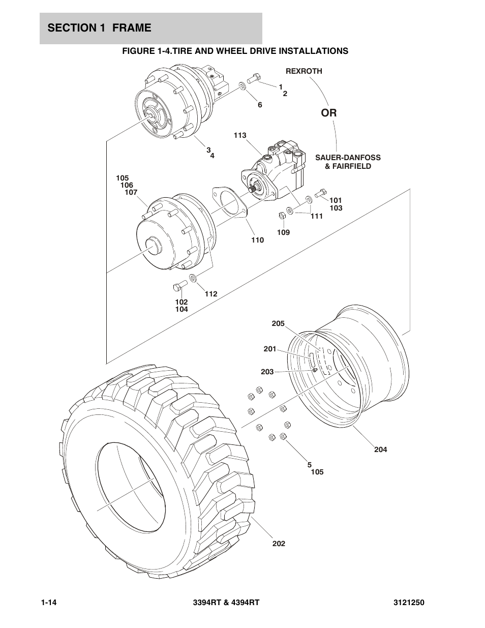 Figure 1-4. tire and wheel drive installations | JLG 4394RT Parts Manual User Manual | Page 20 / 244