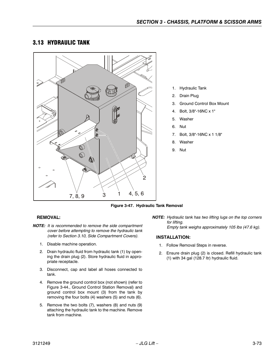 13 hydraulic tank, Hydraulic tank -40, Hydraulic tank removal -40 | JLG 4394RT Service Manual User Manual | Page 109 / 268