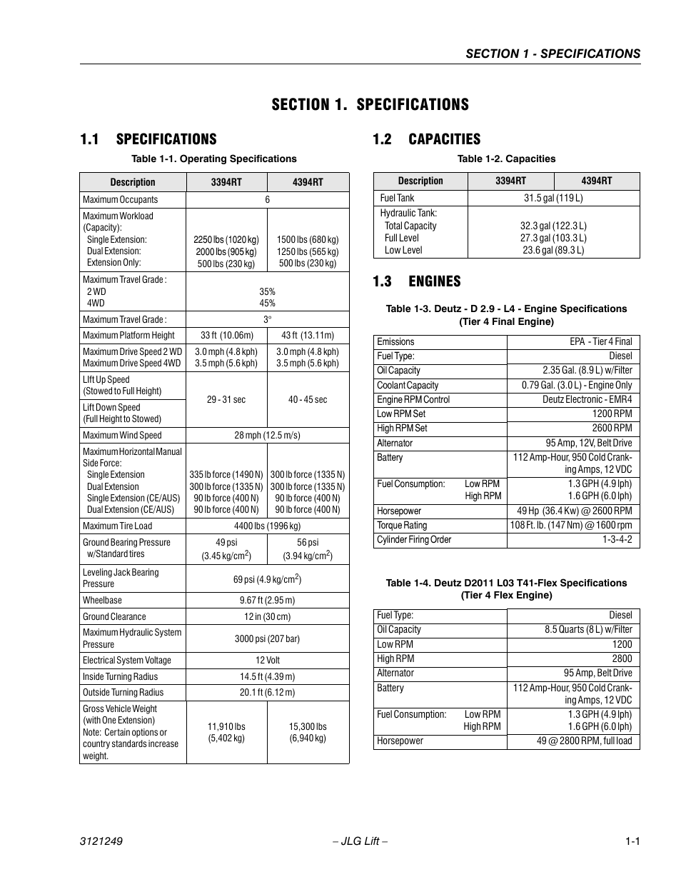 Section 1. specifications, 1 specifications, 2 capacities | 3 engines, Section 1 - specifications, Specifications -1, Capacities -1, Engines -1, Operating specifications -1 | JLG 4394RT Service Manual User Manual | Page 11 / 268