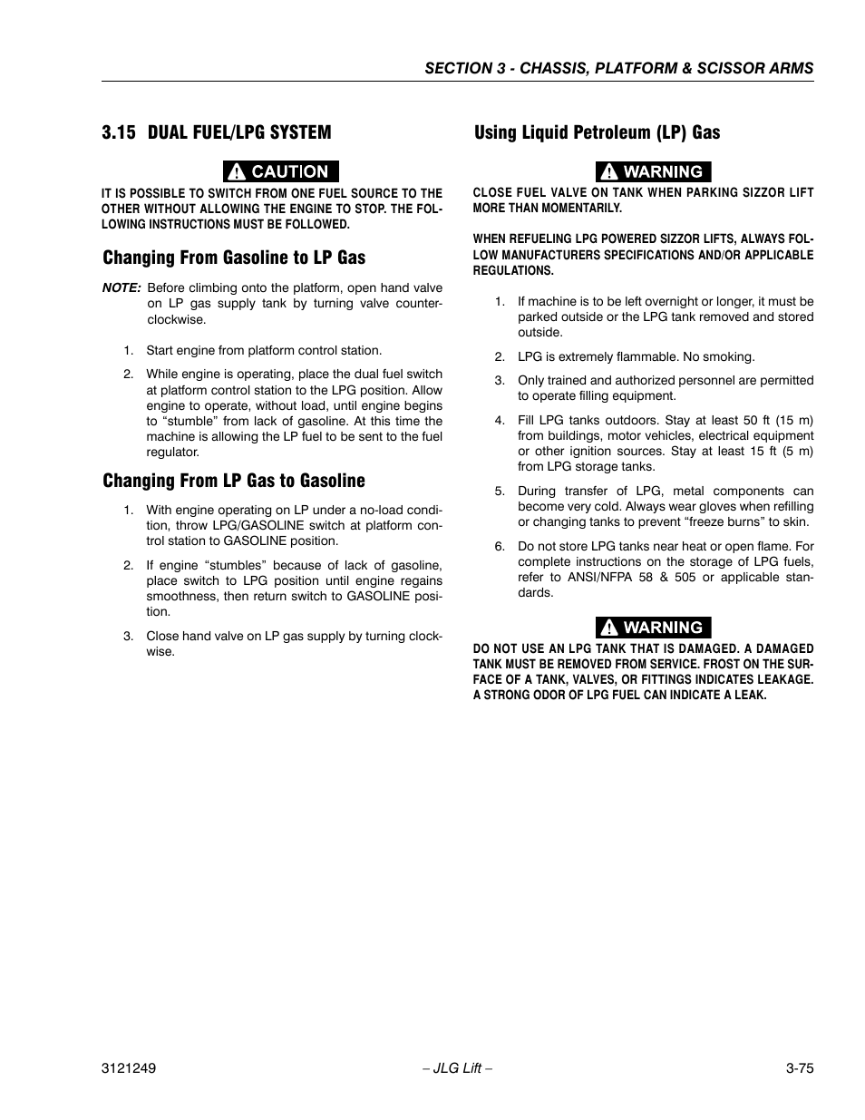 15 dual fuel/lpg system, Changing from gasoline to lp gas, Changing from lp gas to gasoline | Using liquid petroleum (lp) gas, Dual fuel/lpg system -42 | JLG 4394RT Service Manual User Manual | Page 111 / 268