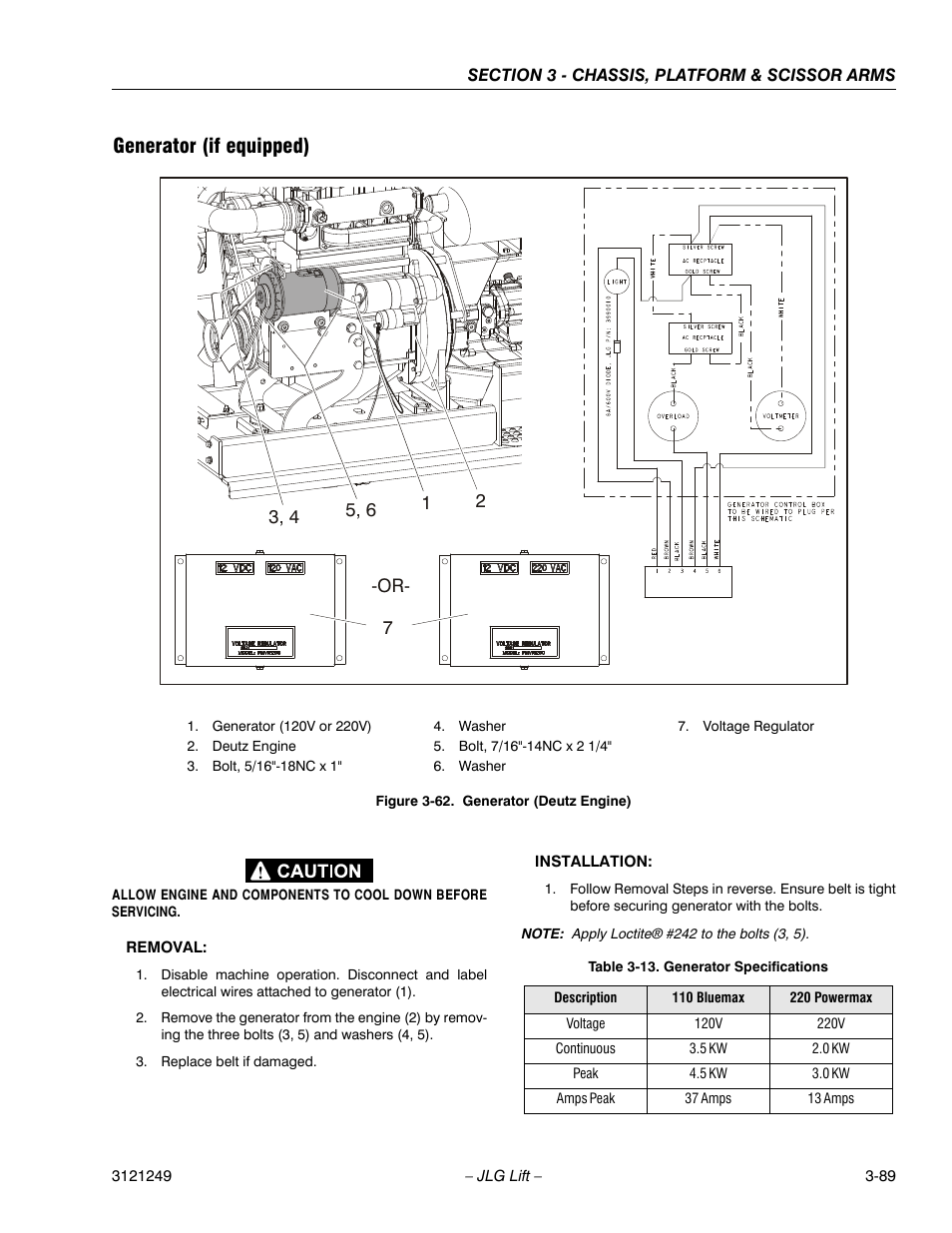 Generator (if equipped), Generator (deutz engine) -56, Generator specifications -56 | JLG 4394RT Service Manual User Manual | Page 125 / 268