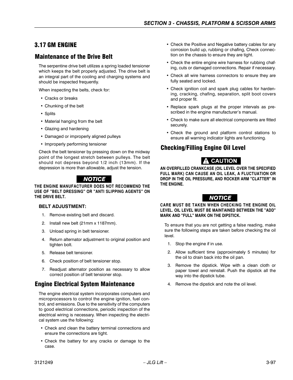 17 gm engine, Maintenance of the drive belt, Engine electrical system maintenance | Checking/filling engine oil level, Gm engine -64, 17 gm engine maintenance of the drive belt | JLG 4394RT Service Manual User Manual | Page 133 / 268