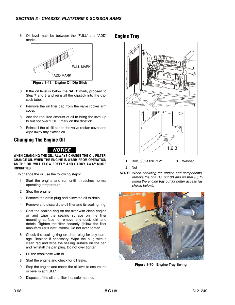 Changing the engine oil, Engine tray, Engine oil dip stick -65 | Engine tray swing -65 | JLG 4394RT Service Manual User Manual | Page 134 / 268