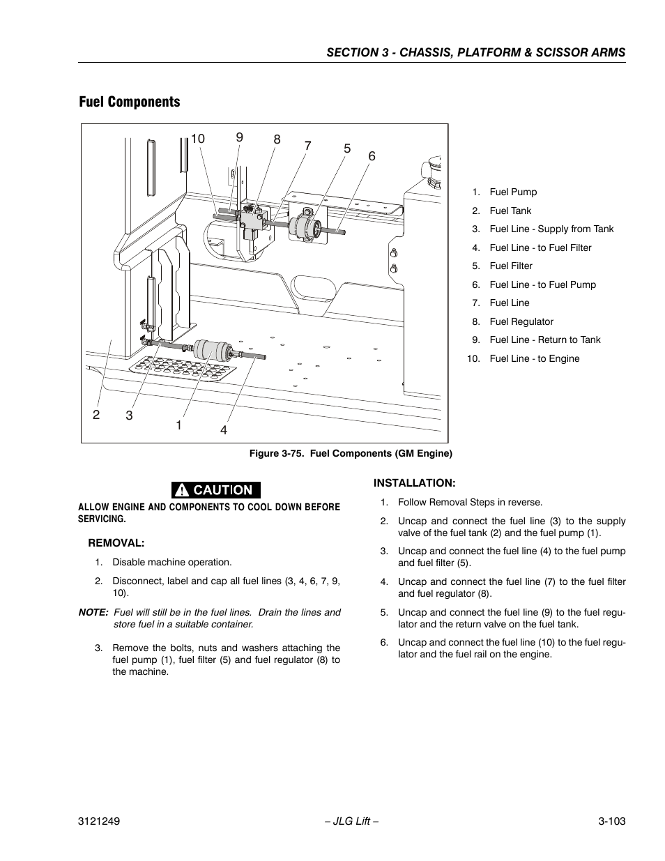 Fuel components, Fuel components (gm engine) -70 | JLG 4394RT Service Manual User Manual | Page 139 / 268