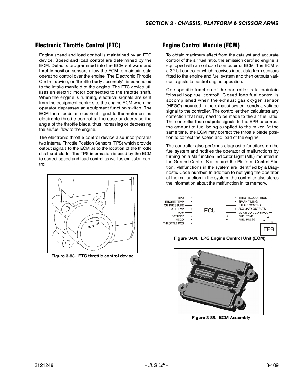 Electronic throttle control (etc), Engine control module (ecm), Etc throttle control device -76 | Lpg engine control unit (ecm) -76, Ecm assembly -76 | JLG 4394RT Service Manual User Manual | Page 145 / 268