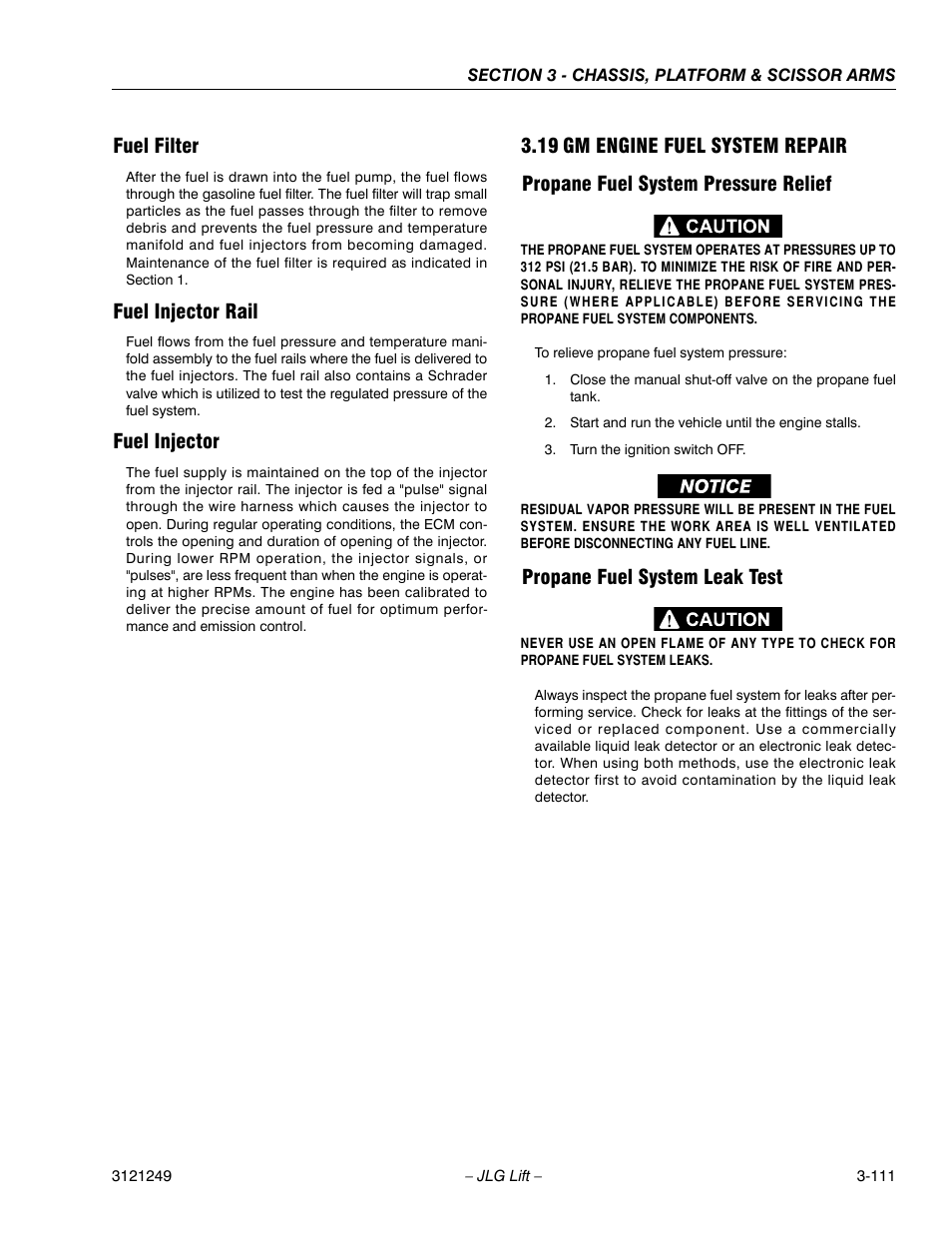 Fuel filter, Fuel injector rail, Fuel injector | 19 gm engine fuel system repair, Propane fuel system pressure relief, Propane fuel system leak test, Gm engine fuel system repair -78 | JLG 4394RT Service Manual User Manual | Page 147 / 268