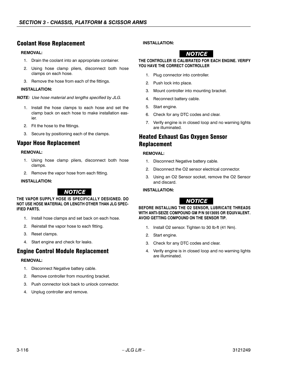 Coolant hose replacement, Vapor hose replacement, Engine control module replacement | Heated exhaust gas oxygen sensor replacement | JLG 4394RT Service Manual User Manual | Page 152 / 268