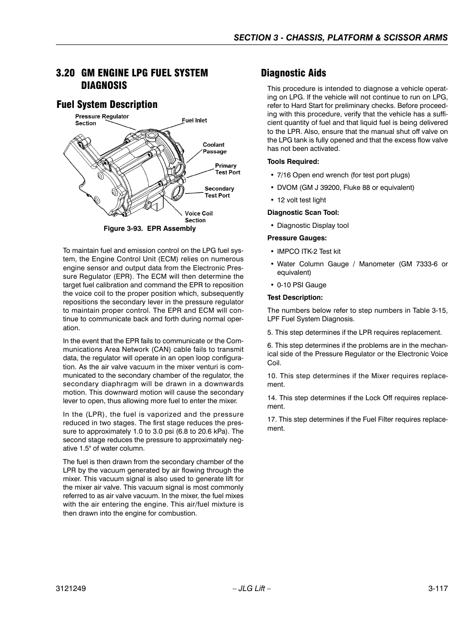20 gm engine lpg fuel system diagnosis, Fuel system description, Diagnostic aids | Gm engine lpg fuel system diagnosis -84, Epr assembly -84 | JLG 4394RT Service Manual User Manual | Page 153 / 268